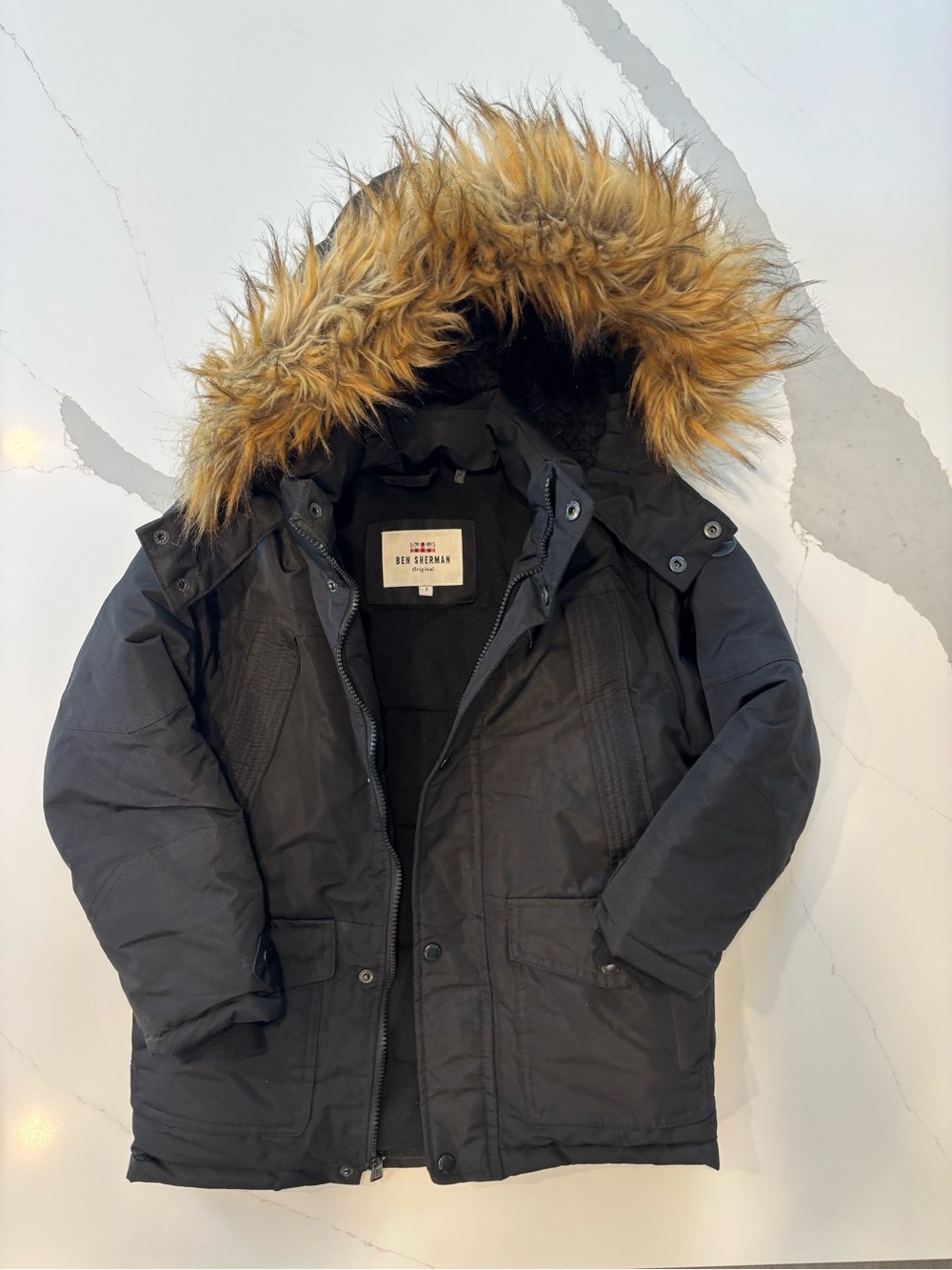 Ben Sherman Kids Black Puffer Jacket with Faux-Fur Brown/Tan Trimmed Hood